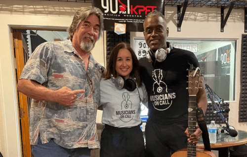 Lain Gray, Heather Purcell and KPFT Houston radio host, Boyd Bluestein pose for a photo in the studio.